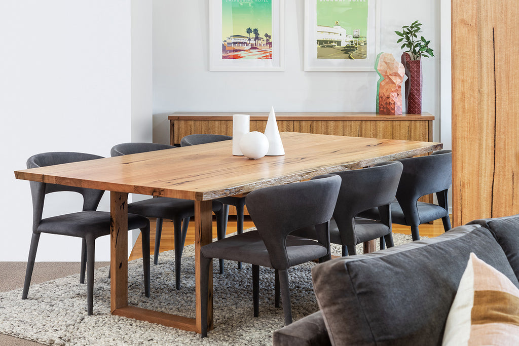 Axis solid Marri dining table with natural edge and U shaped timber base