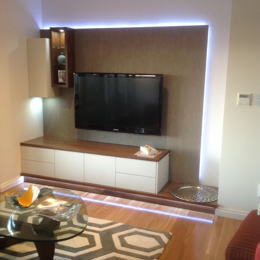 Veventi Wallsystem in Walnut Timber & Lacquer - Custom Installation with LED Lighting