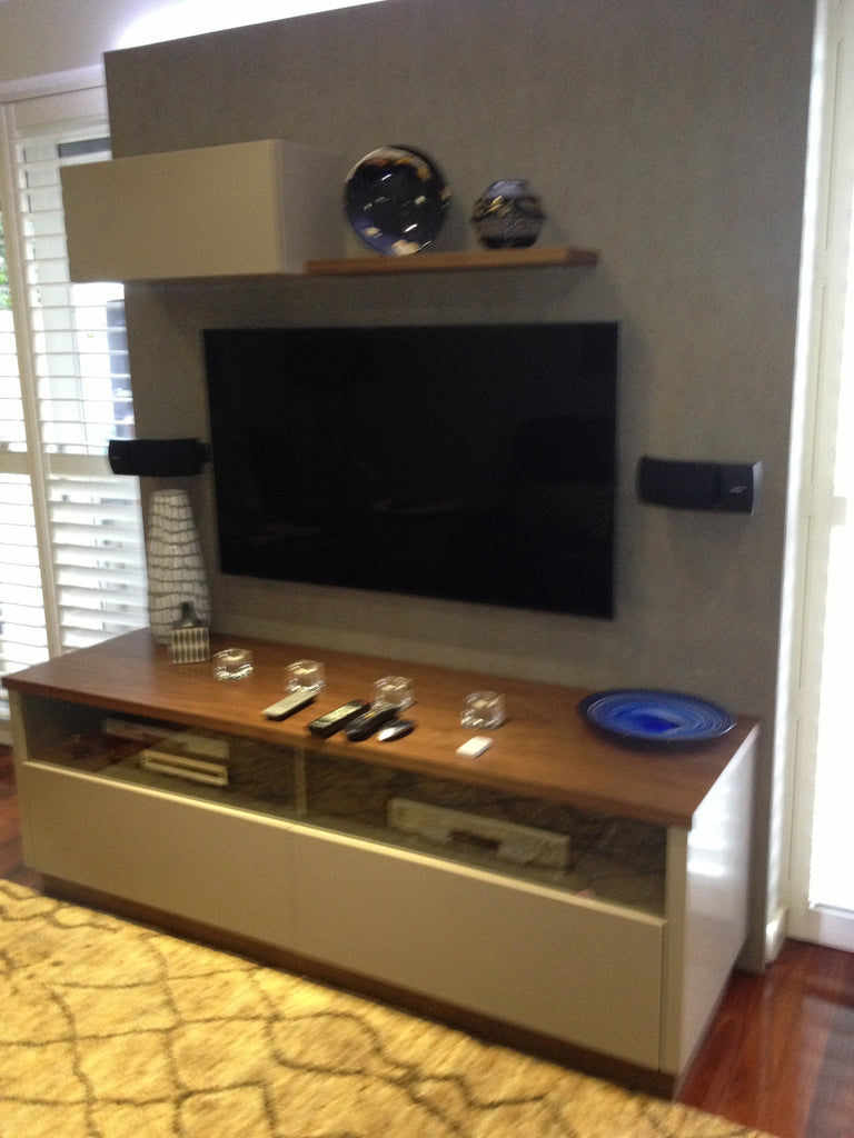 Custom Walnut Timber Wood Television Wall Unit System with LED Backlighting WA Made Perth Bespoke Furniture Gallery