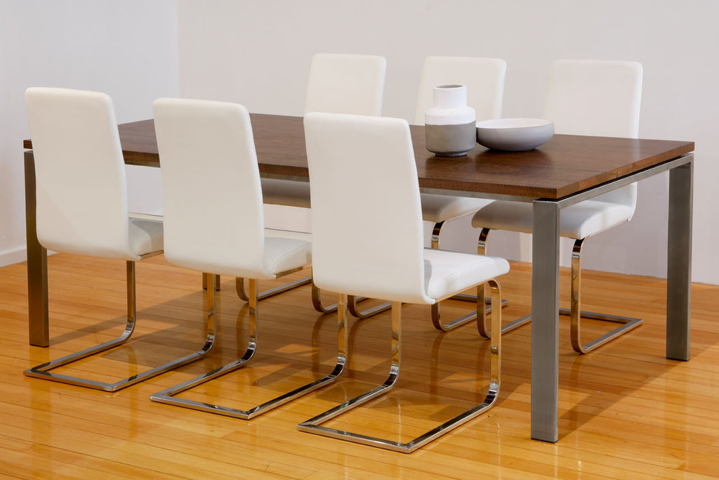 Nuovo Walnut stained Marri Dining Table with Stainless Steel Base, Italian leather dining chairs