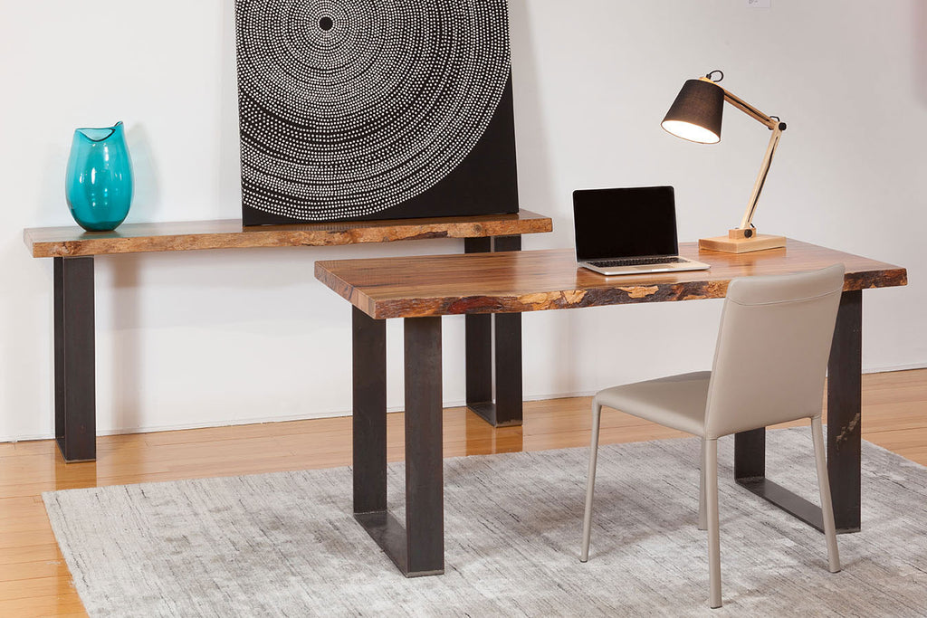 Natural Edge Marri Timber Desk and Console Table, industrial black steel base and thick "natural wood edge" top, Perth WA