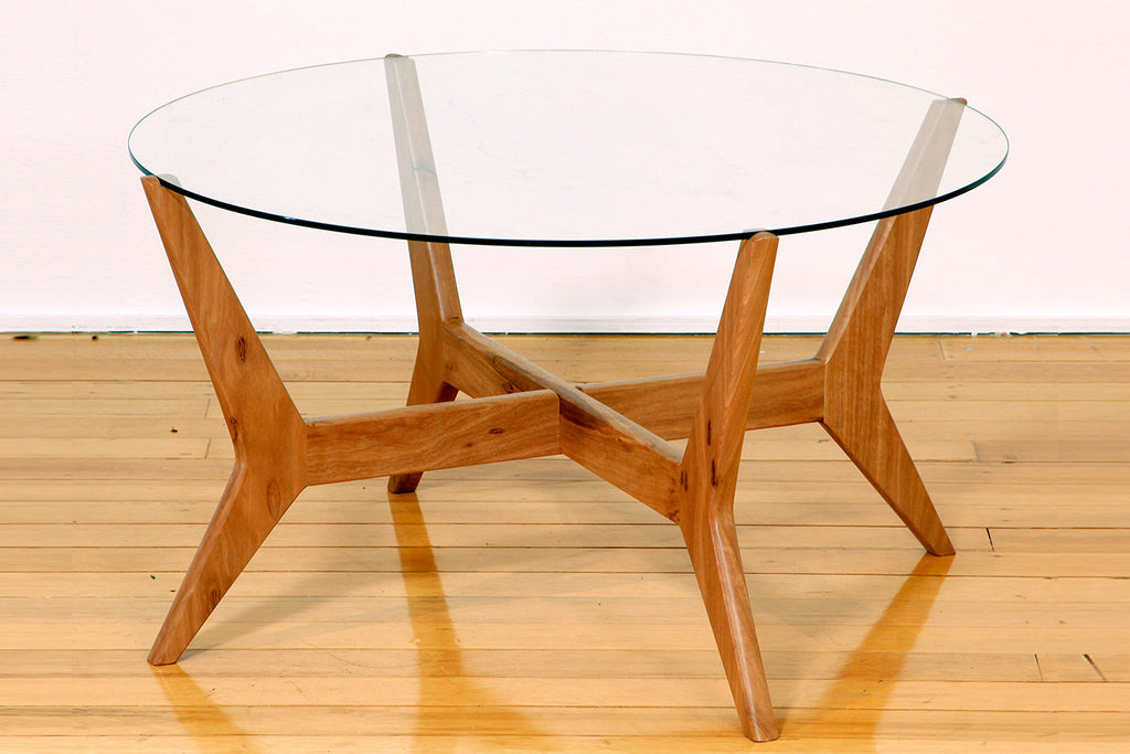 Spider Blackbutt Retro Round Glass Top Coffee Table with Angled Timber Legs Perth WA