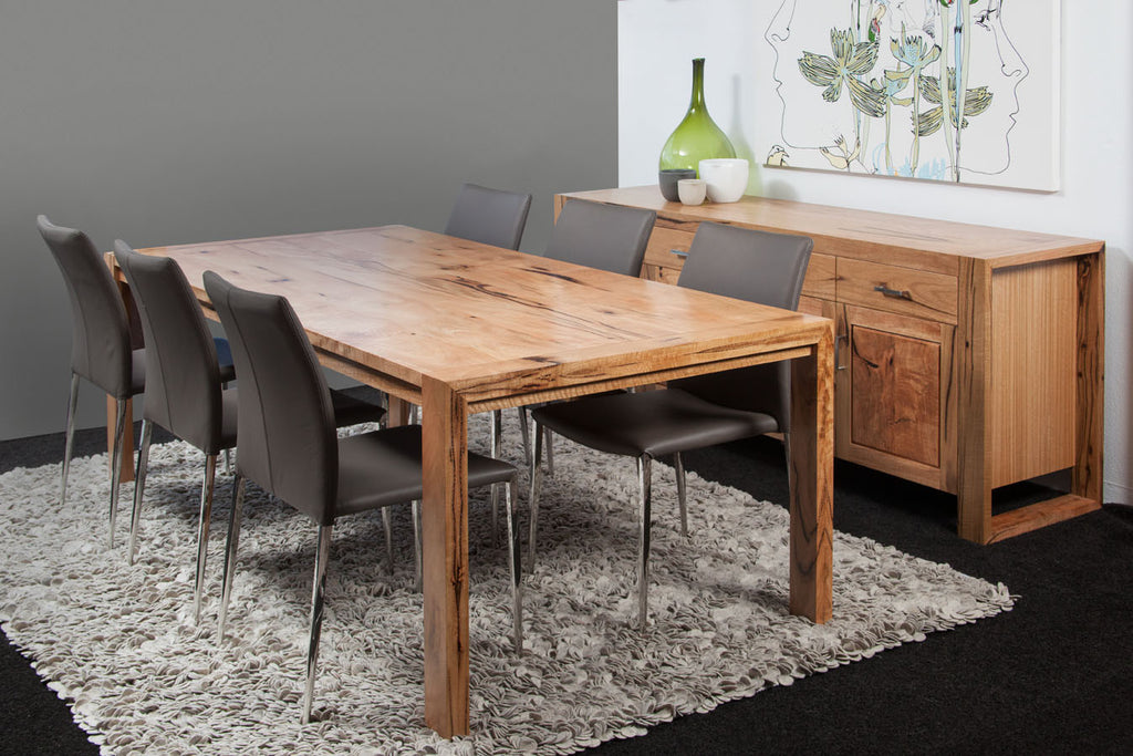Riverside Marri Dining Suite featuring solid timber table & buffet, leather upholstered dining chairs shown
