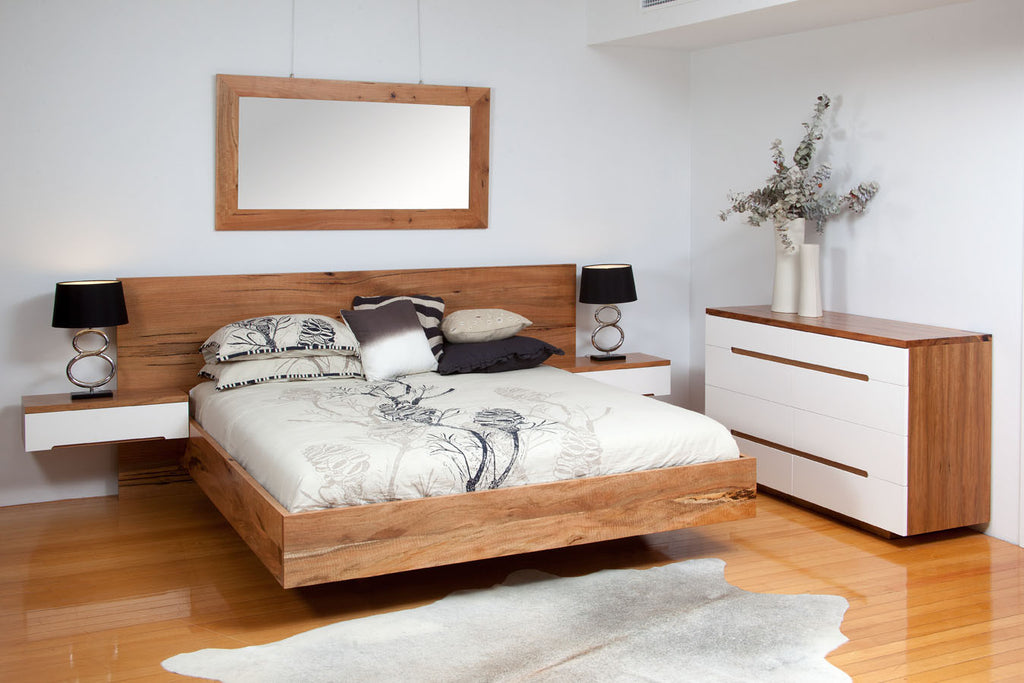 Platform Marri & Lacquer Front Bedroom Suite, King size bed, floating bedside tables, chest of drawers, marri framed mirror