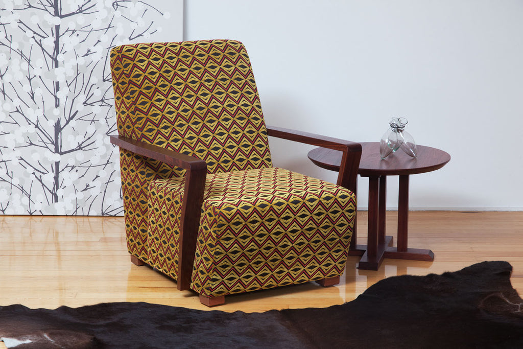 The Retro Fifties Chair with Jarrah Timber Arms in a groovy retro fabric!