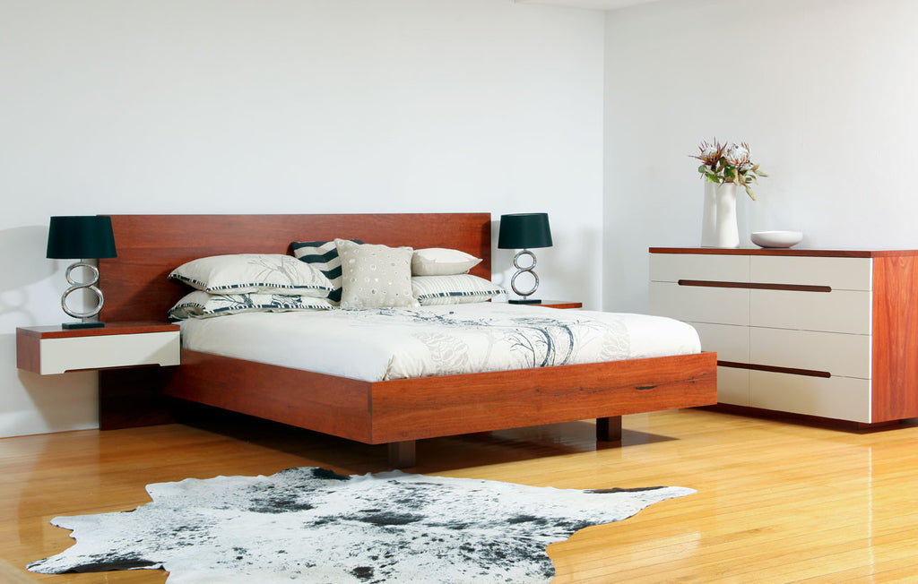 Platform Jarrah & Lacquer Front Bedroom Suite, King size bed, floating bedside tables, chest of drawers