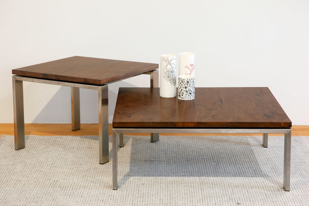 Nuovo Walnut stained Marri Coffee Tables with Stainless Steel Base