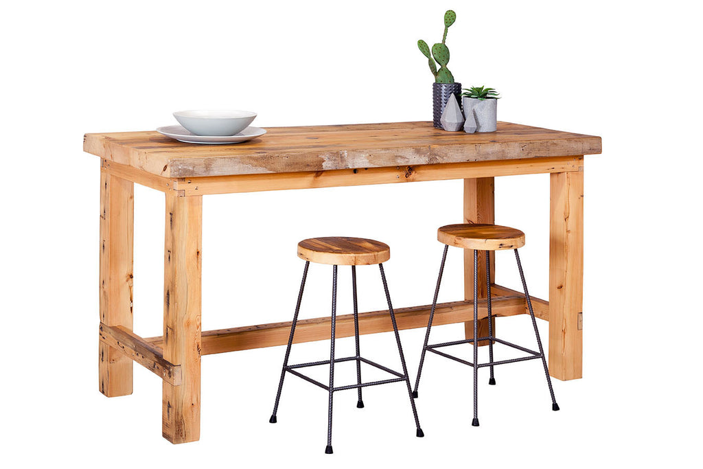 Recycled Baltic Pine Timber Bar Table with solid timber legs with matching industrial style bar stools with steel legs and recycled timber seats