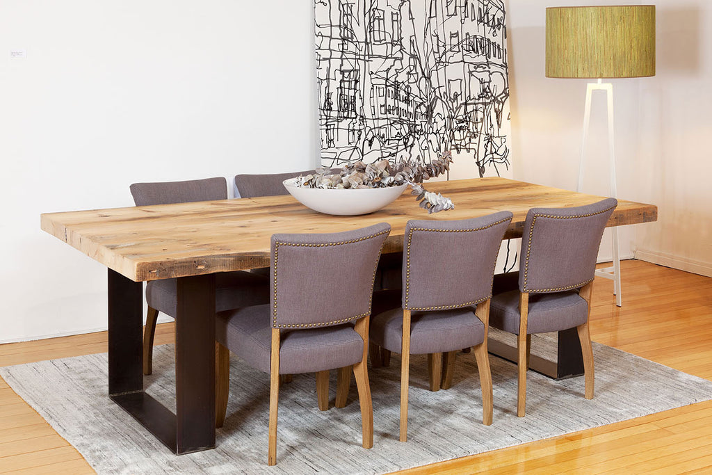 Plaistow Recycled Baltic Pine Timber Dining Table with Natural Industrial Steel Base and Sussex Fabric Dining Chair