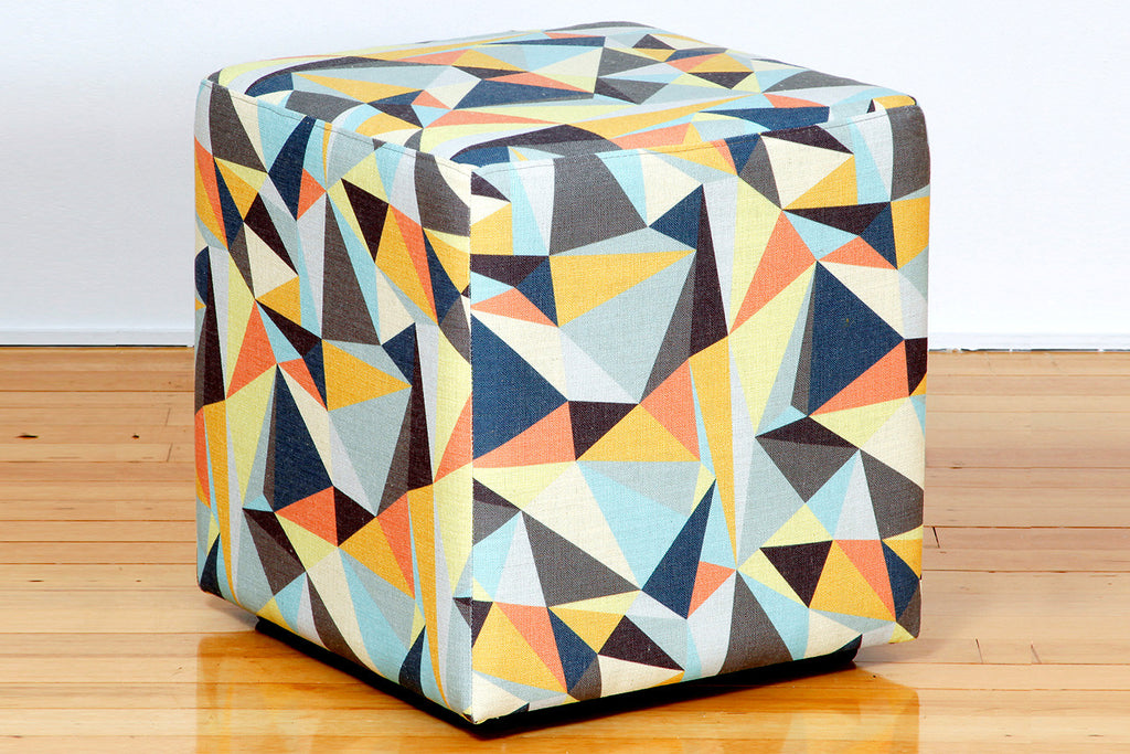 Groovy cool retro fabric upholstered cube shaped ottoman Perth WA