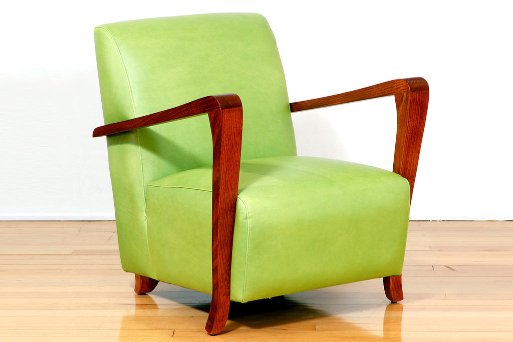 The Retro Fifties Chair with Jarrah Timber Arms in Pale Green Leather