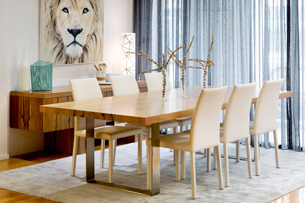 Spectrum Engineered Marri Timber Dining Table with Booklet Timbers and Stainless Steel Base